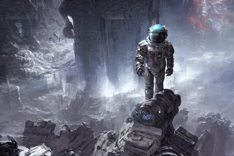 Image similar to dead Space themed Astronaut standing by jagged alien ruins, Industrial Scifi, detailed illustration, Chiaroscuro, concept art, by Martin Grip and Moebius