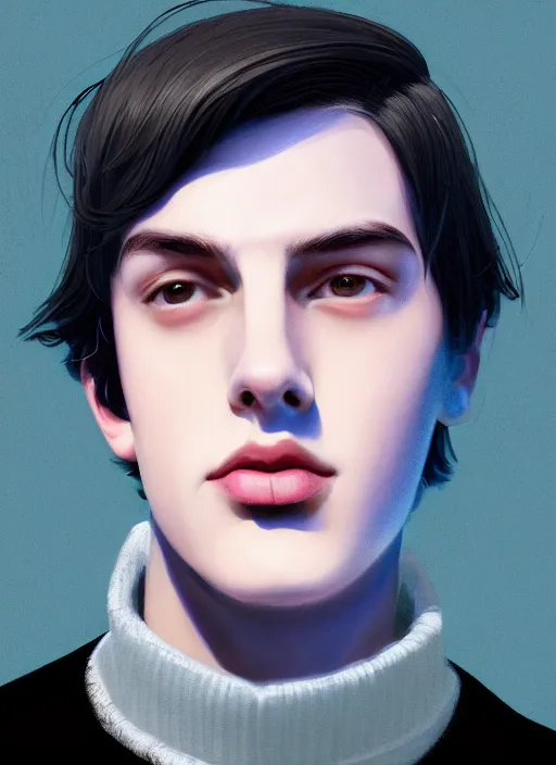 Image similar to portrait of teenage jughead jones wearing a light grey crown, crown, blue turtleneck, closed eyes, photorealistic, black hair, glowing lighting, intricate, elegant, glowing lights, highly detailed, digital painting, artstation, concept art, smooth, sharp focus, illustration, art by wlop, mars ravelo and greg rutkowski