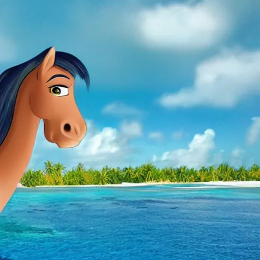 Image similar to a cartoon horse got on top of the roof of a plane, and flies it to the maldives, the islands, style of cartoon, disney studio,