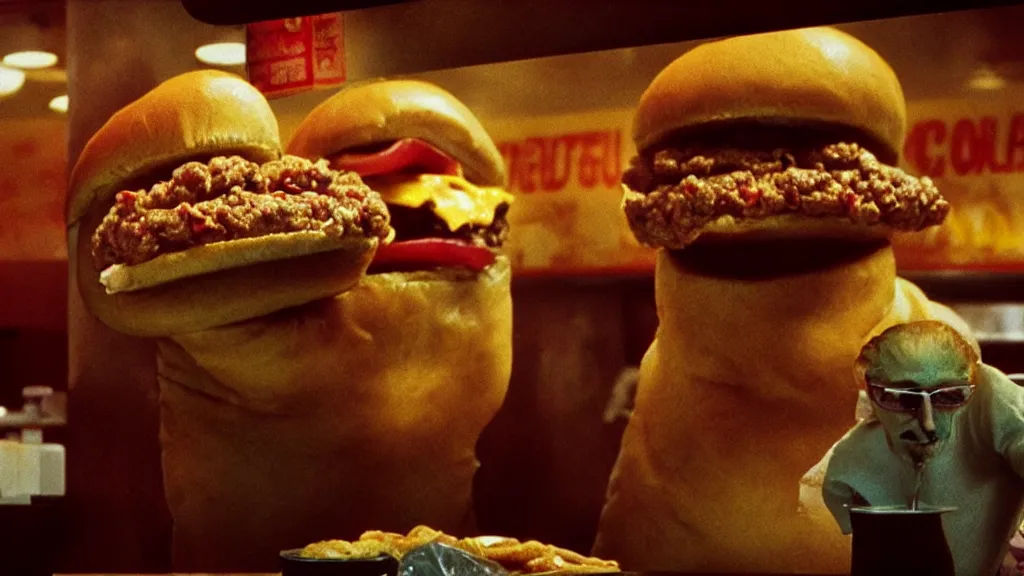 Image similar to the cheeseburger creature at the fast food restaurant, they steal my food, film still from the movie directed by denis villeneuve and david cronenberg with art direction by salvador dali and zdzisław beksinski, wide lens