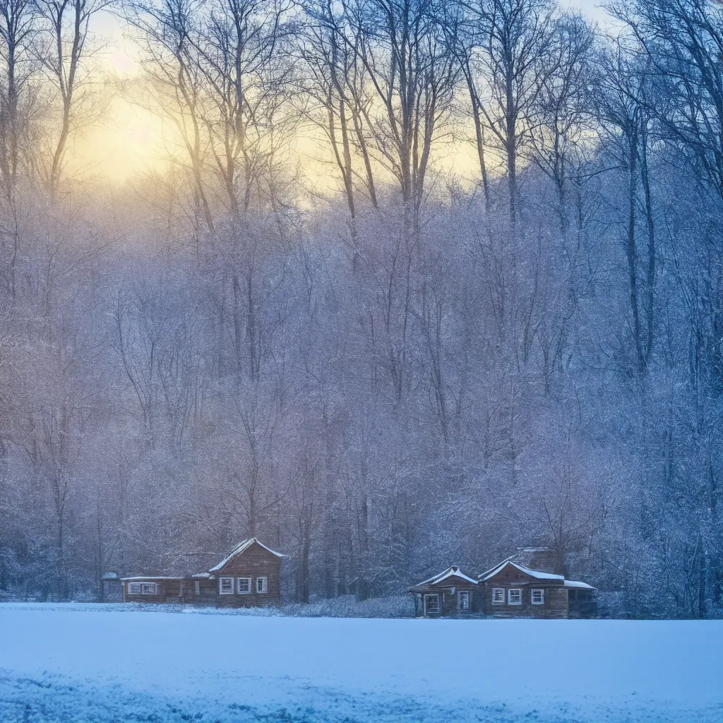 Image similar to landscape with house near forest and small pond, sunny winter evening, snowing, blizzard ambient, atmospheric, mystical, very detailed 4 k, professional photography