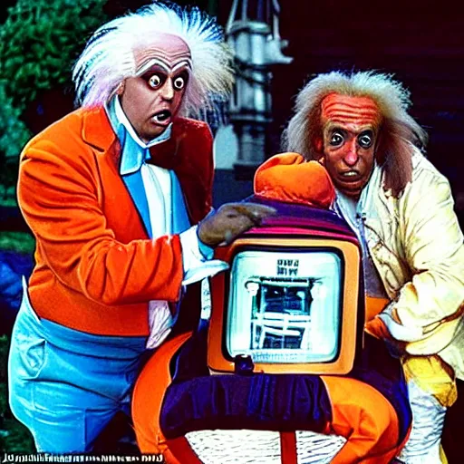 Prompt: a band of oompa loompas trying to help doc brown find his DeLorean