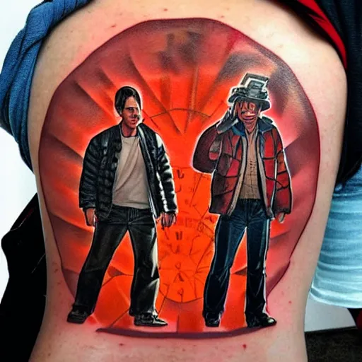 Image similar to tattoo design, stencil, portrait of marty and the doc from back to the future by artgerm