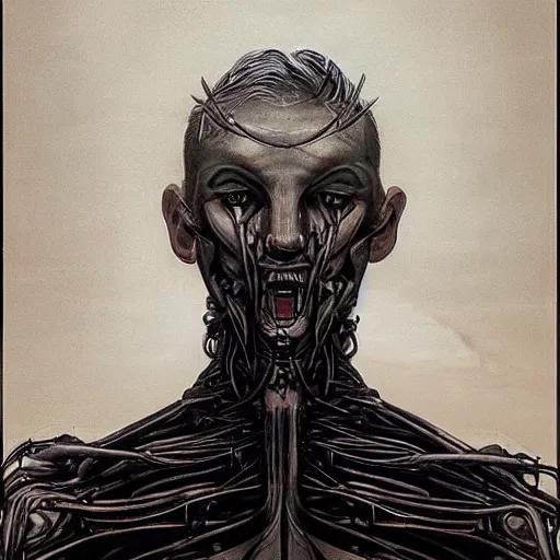 Image similar to surreal portrait of a man by Greg Rutkowski and H.R Giger, symmetrical face, he is about 30 years old, west slav features, short blonde hair with bangs, attractive, smart looking, slim, somewhat androgenic, transformed into a kind of biomechanical transhuman angel, disturbing, terrifying but fascinating, with a determined and sinister expression on his face, cosmic void background, frightening, fascinating, highly detailed portrait, digital painting, book cover, artstation, concept art, smooth, sharp foccus ilustration, Artstation HQ