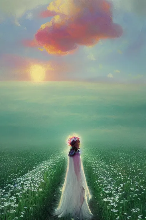 Image similar to giant white flower head, veil girl walking in a flower field, surreal photography, sunrise, dramatic light, impressionist painting, colorful clouds, digital painting, artstation, simon stalenhag