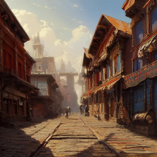 Prompt: artstation concept of historic old west town, bright colorful, hyperdetailed, artstation trending, world renowned artists, worth1000.com, historic artworks society, antique renewel, cgsociety, by greg rutkowski, by Gustave Dore, Deviantart