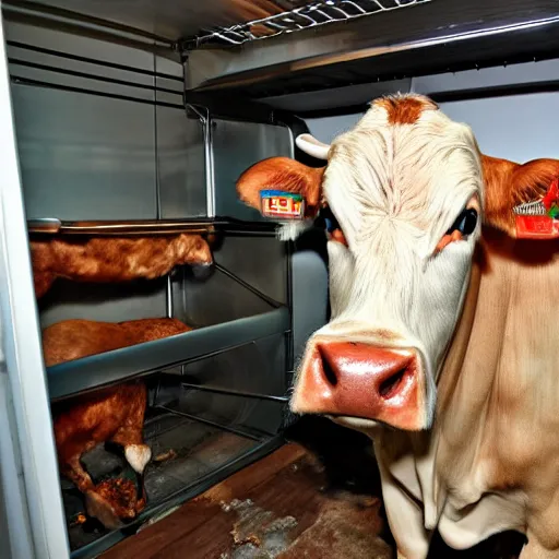 Image similar to photo of a kitchen with an entire cow in the fridge