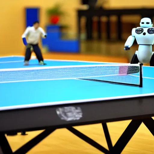 Image similar to two robots playing table tennis on a futuristic table tennis table, amazing detail, photorealistic