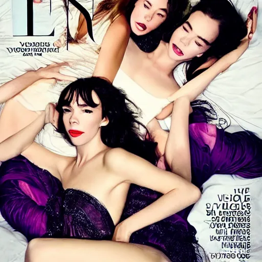 Image similar to stunning vogue magazine photo of dark - haired goddesses vanessa kirby, hailee steinfeld, and bjork smiling, legs intertwined, laying back on the bed, surrounded by adult toys, with wet faces!!, wet lips, smooth skin, perfect eyes, insanely detailed, elegant, by wlop, rutkowski, livia prima, mucha, wlop,