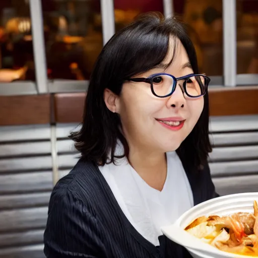 Prompt: woman with wide face and white large rimmed glasses at a Korean barbecue