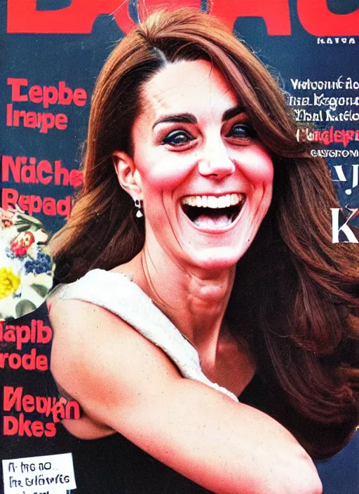 Prompt: candid photo of kate middleton as a thicc cover model in the 1980s, magazine cover.