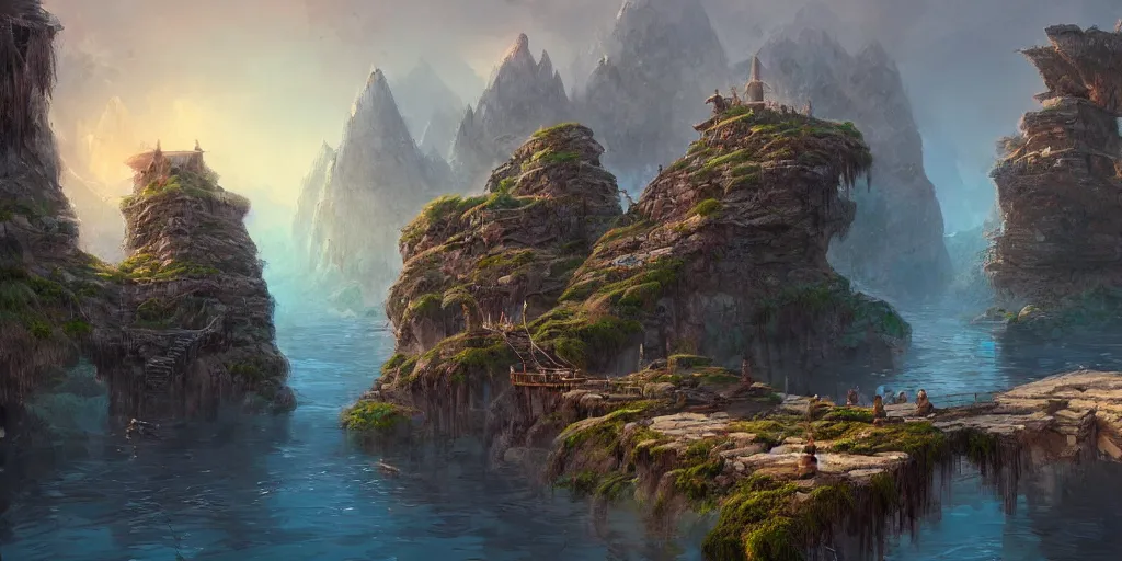 Prompt: village built on floating rocks connected by rope bridges, high fantasy, detailed, digital painting, realistic, landscape by jonathan berube