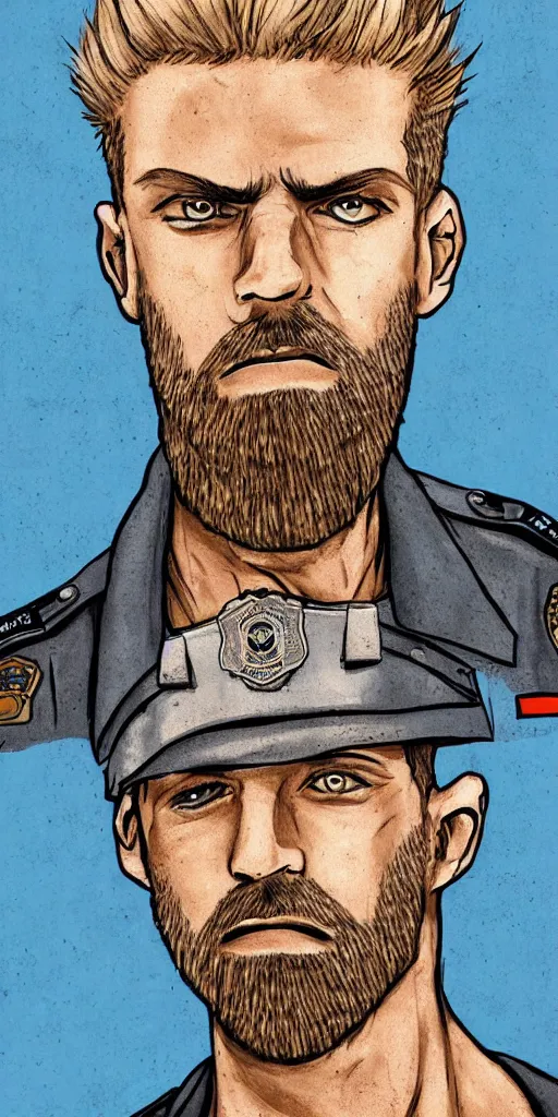 Prompt: portrait of a blonde police officer with short hair and a patchy beard, close up, grimy streets backgrop, detailed, art by loran desore