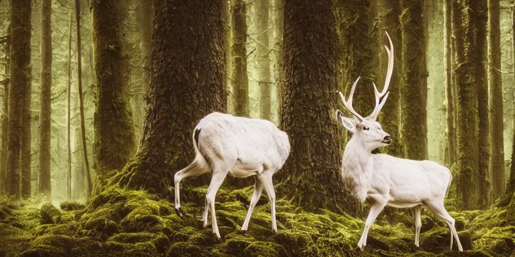 Image similar to king of the forest, a white stag, beautiful, fantasy, hyper realistic, dramatic lighting, cinematic, 35mm lens, 8k,