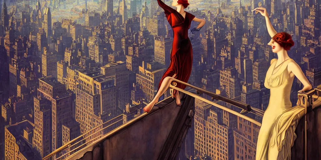 Image similar to a woman standing on a ledge overlooking an axonometric 1920s New York City, by Rolf Armstrong and Evelyn De Morgan and Bastien Lecouffe-Deharme, dramatic lighting, high contrast colors, baroque, empyrean, panoramic view, as trending on Artstation, highly detailed, cryengine,