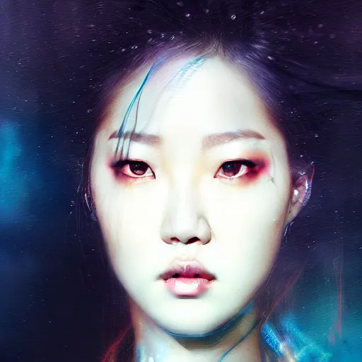 Image similar to roseanne park of blackpink, hyperrealistic portrait, bladerunner street, by karol bak and agnes cecile, fantasy art, photo realistic, dynamic lighting, artstation, poster, volumetric lighting, very detailed face, intricate complexity, 8 k, award winning