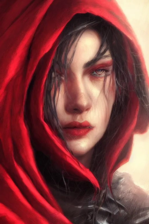 Image similar to thief red riding hood, d & d, fantasy, portrait, highly detailed, headshot, digital painting, trending on artstation, concept art, sharp focus, illustration, art by artgerm and greg rutkowski and magali villeneuve