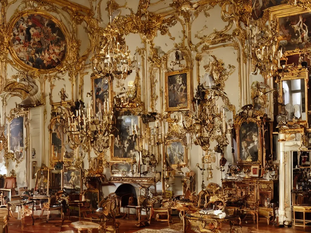 Image similar to antique clocks and giant exotic birds in a baroque salon of the imagination