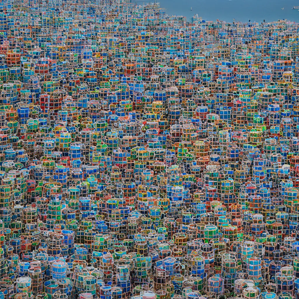 Image similar to circular towers, made up of colourful makeshift squatter shacks, vertical blank spaces, dystopia, sony a 7 r 3, f 1 1, fully frontal view, photographed by jeanette hagglund and terry gilliam