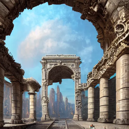 Image similar to carved futuristic gateway at the end of ancient ornate steps with a large wide window to a city which details the vast architectural scientific and cultural achievements of ancient humankind, complex composition, molecules and machines, renato muccillo, andreas rocha, jorge jacinto, damian kryzwonos, ede laszlo, artstation, digital art, cinematic blue and gold