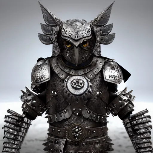 Image similar to warrior with metal owl armour, highly detailed, 4k, HDR, award-winning, octane render