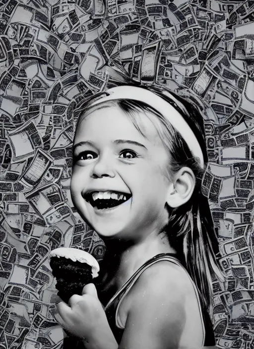 Prompt: Digital art by mr brainwash of a little girl smiling with a burger in her hands and a rain of dollars in the background