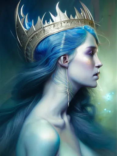 Image similar to the elven queen with blue skin by james jean, charlie bowater, tom bagshaw, nikolay makovsky, melanie delon : : enchanting, ethereal, magical, glowing, sparkle, prismatic, portrait, character design, illustration, hyperrealism, photorealism, digital art, concept art, fantasy, whimsy, weta, wlop, artstation