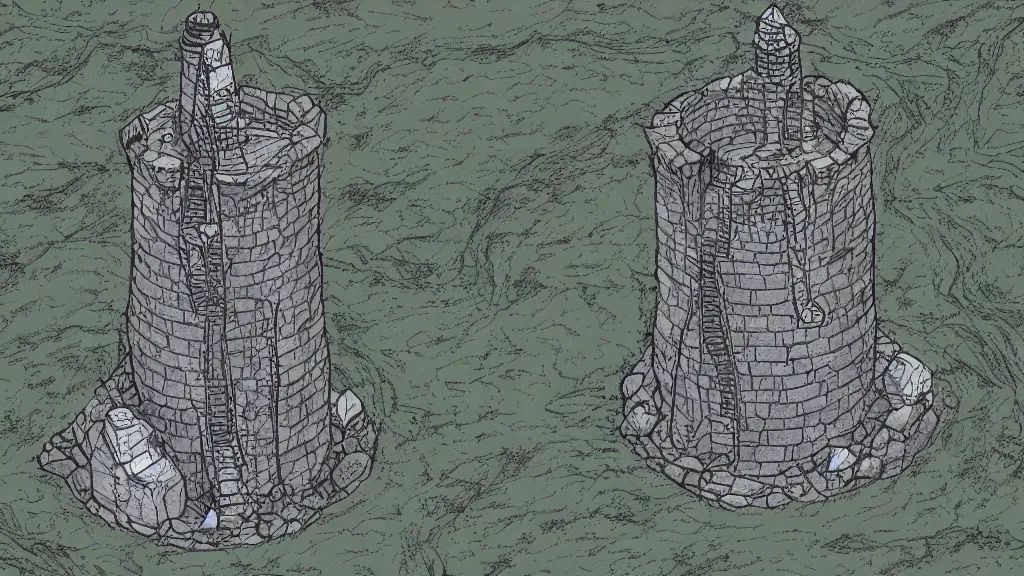 Image similar to Aerial view of a wizard tower next to a few mines and a few caves, lineart, colored