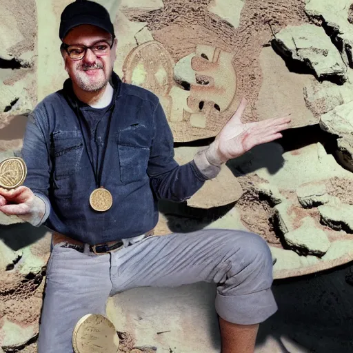 Image similar to a photograph of an archaeologist posing with ancient uncovered bitcoin coins