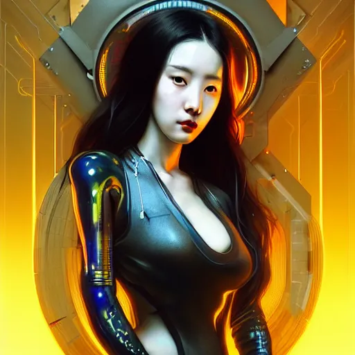 Image similar to portrait painting of sunmi as a cyberpunk technician, ultra realistic, concept art, intricate details, eerie, highly detailed, photorealistic, octane render, 8 k, unreal engine. art by artgerm and greg rutkowski and magali villeneuve and alphonse mucha