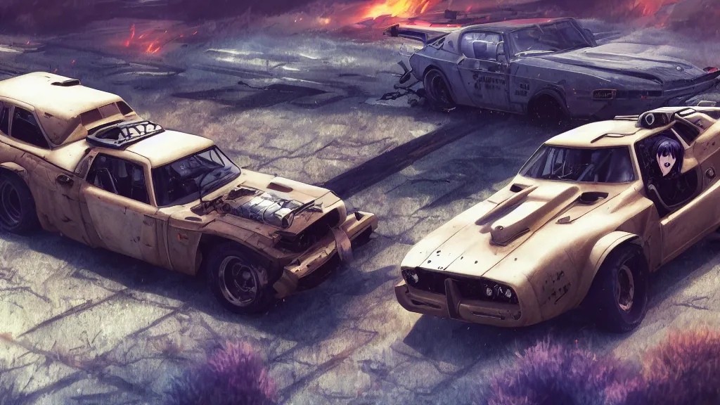 Image similar to anime illustration of mad max's fj 4 0 pursuit special, the last v 8 interceptor driving down to the gates of valhalla highway, riding fury road eternal shiny and chrome, world of fire and blood, by makoto shinkai, ilya kuvshinov, lois van baarle, rossdraws, basquiat, global illumination ray tracing hdr