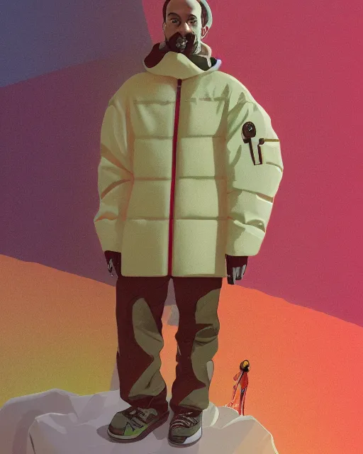 Image similar to a puffy and oversized winter surrealistic mango fruit jacket, concept, mucha, virgil abloh, wes anderson, ilya kuvshinov, photorealistic, artstation, high fashion, incenerate, modern