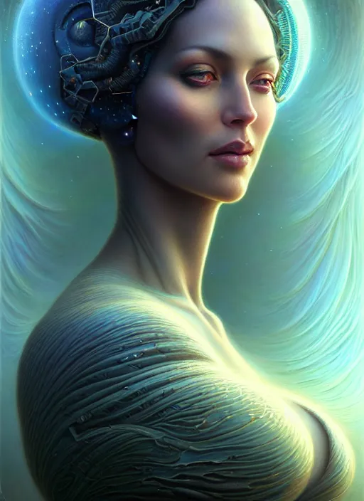 Image similar to closeup portrait shot of a beautiful cosmic woman in a scenic dystopian environment, intricate, elegant, highly detailed, centered, digital painting, artstation, concept art, smooth, sharp focus, illustration, artgerm, tomasz alen kopera, peter mohrbacher, donato giancola, joseph christian leyendecker, wlop, boris vallejo