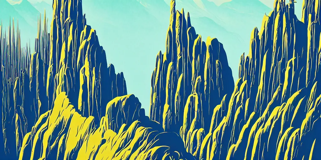 Prompt: poster illustration of craggy icy valley with spires of rock national park by eyvind earle