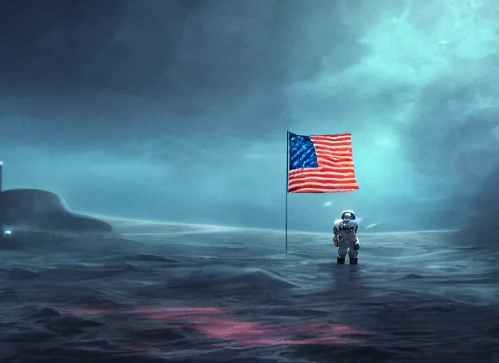 Image similar to astronaut holding a flag in an underwater desert. a submarine is visible in the distance. dark, concept art, cinematic, dramatic, atmospheric, 8 k, trending on artstation, blue, fish, low visibility, fog, ocean floor, christopher nolan, interstellar