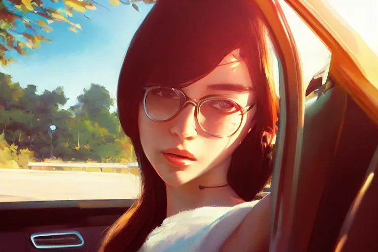 Image similar to A ultradetailed beautiful portrait panting of a stylish girl driving a car, bright sunny day, Oil painting, by Ilya Kuvshinov, Greg Rutkowski and Makoto Shinkai