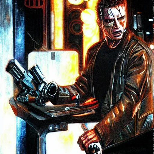 Prompt: the terminator meeting Neo from the Matrix in a restaurant, they eat pizza, highly detailed, digital painting, sharp focus, fantasy art