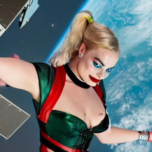 Image similar to photo of Margot Robbie as Harley Quinn floating in the iss, highly detailed skin and face, 8k