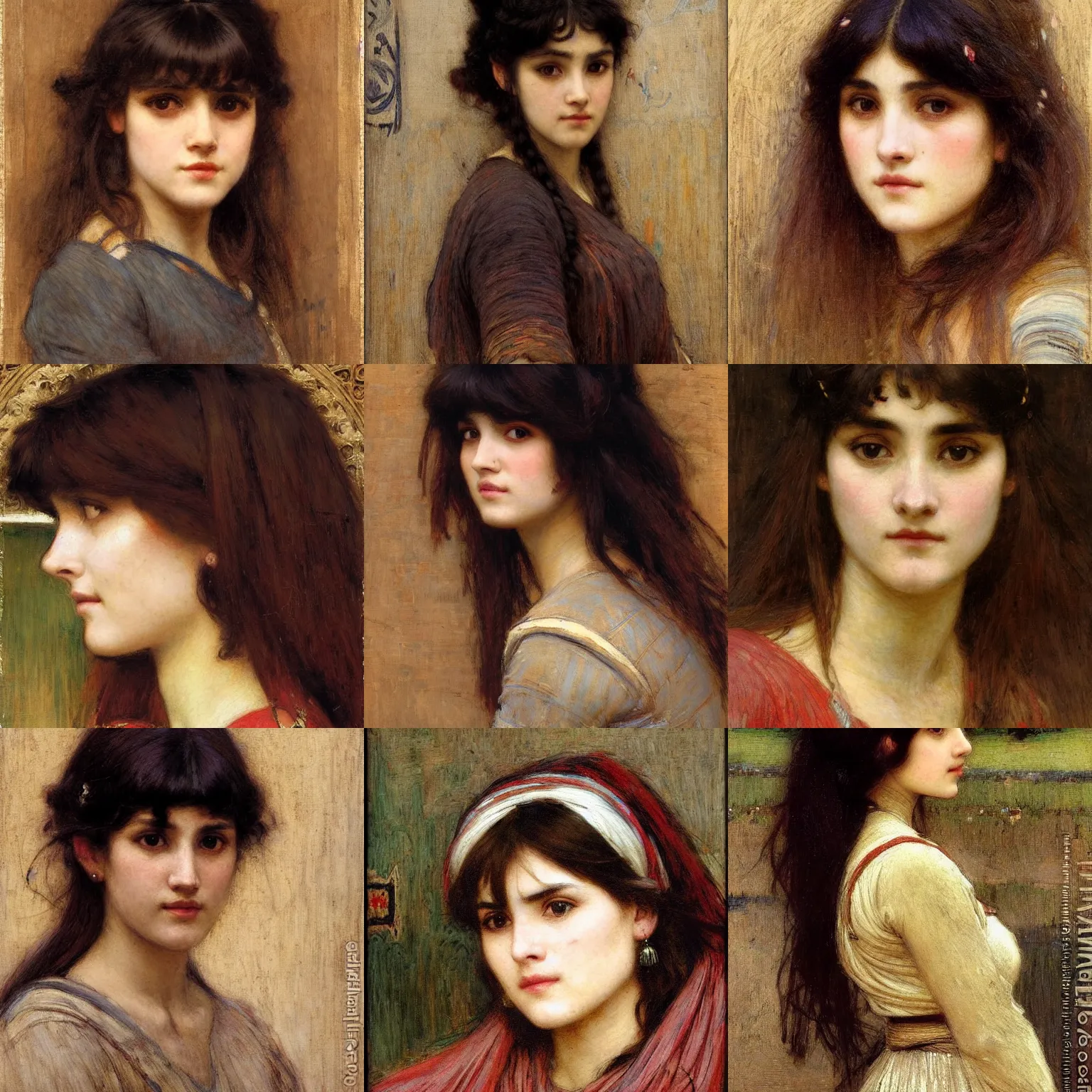 Prompt: orientalism portrait of a cute woman with bangs and dark curls face detail by john william waterhouse and theodore ralli and nasreddine dinet and jules bastien - lepage, masterful intricate artwork, excellent lighting, high detail 8 k