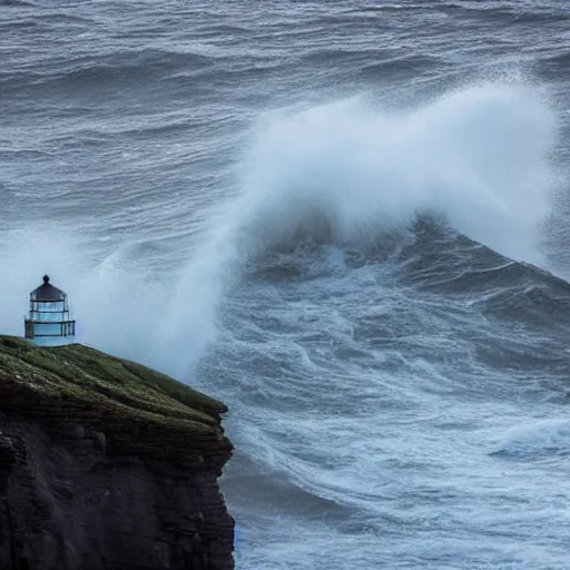 Prompt: close up of light house on cliffs with rough seas and high waves, stormy unreal 5