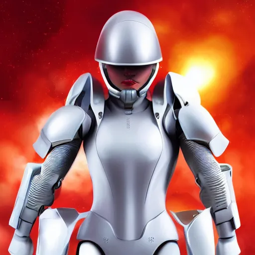 Image similar to portrait of a beautiful female soldier, no makeup, in glossy sleek white armor inspired by samus aran and a long red cape, heroic posture, determined expression, no helmet, on the surface of mars, cinematic, sci-fi, hyperrealistic, detailed