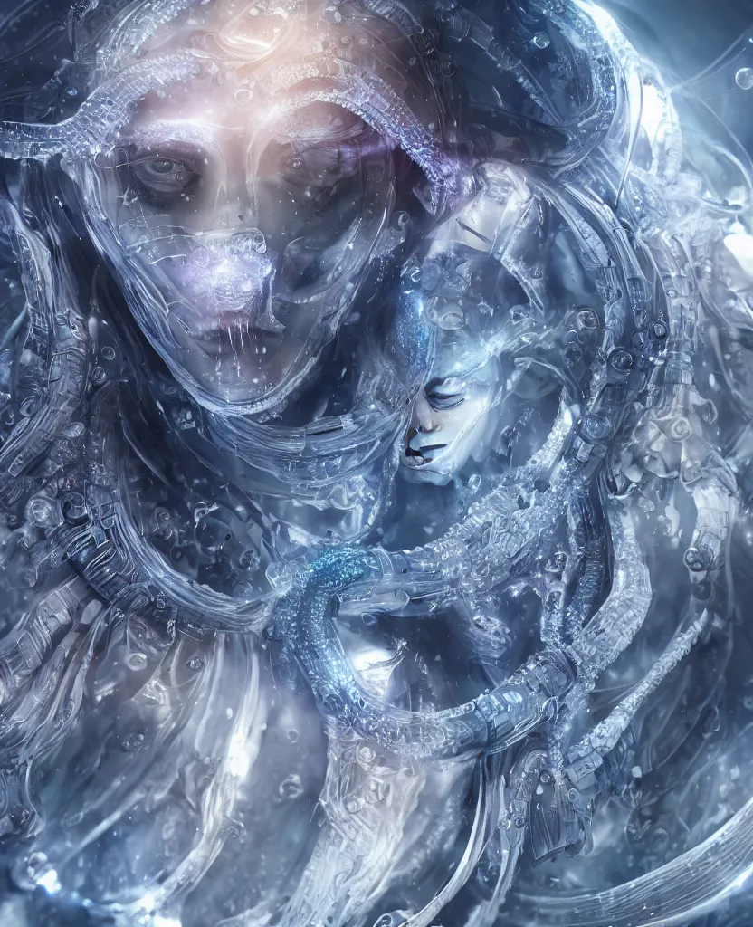 Image similar to epic futuristic ancient close-up macro portrait of the face of a beautiful princess, epic angle and pose, symmetrical artwork, 3d with depth of field, blurred background, cybernetic jellyfish crystal, obsidian, female face skull phoenix bird, translucent, nautilus, energy flows of water and fire. a highly detailed epic cinematic concept art CG render. made in Maya, Blender and Photoshop, octane render, excellent composition, cinematic dystopian brutalist atmosphere, dynamic dramatic cinematic lighting, aesthetic, very inspirational, arthouse. y Greg Rutkowski, Ilya Kuvshinov, WLOP, Stanley Artgerm Lau, Ruan Jia and Fenghua Zhong