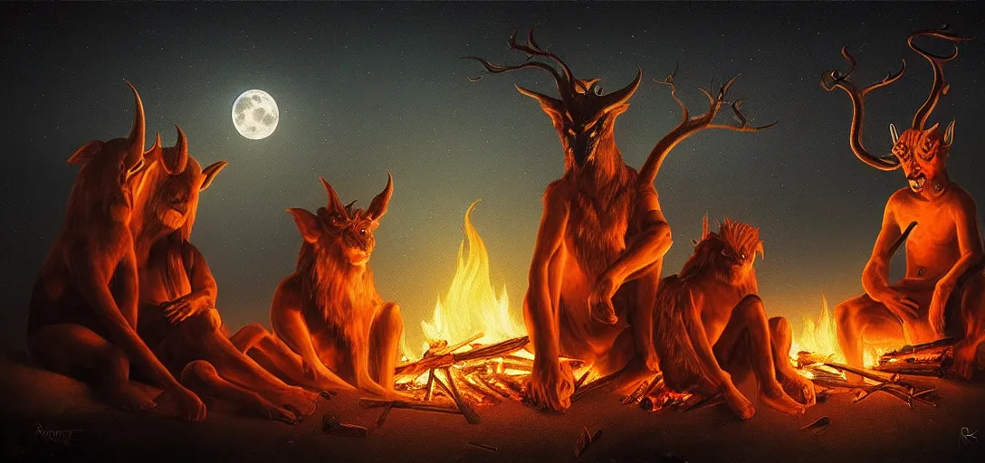 Image similar to strange mythical beasts of sitting around a fire under a full moon, surreal dark uncanny painting by ronny khalil