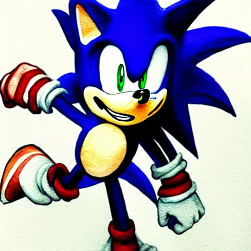 Prompt: a terrifying watercolor sonic the hedgehog, loose watercolor drawing, surrealist ripples