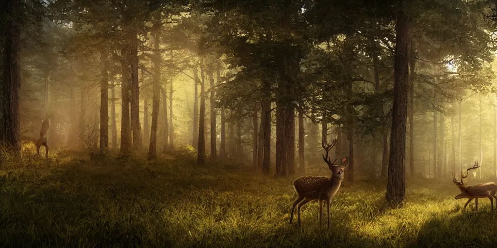 Image similar to forrest with beautiful deer, superwide angle, light through the mist, dramatic lighting, photorealistic, cinematic lighting, high detail, cinematic feel, high octane, 4 k, unreal engine, digital render, intricate, ultra realistic, concept art