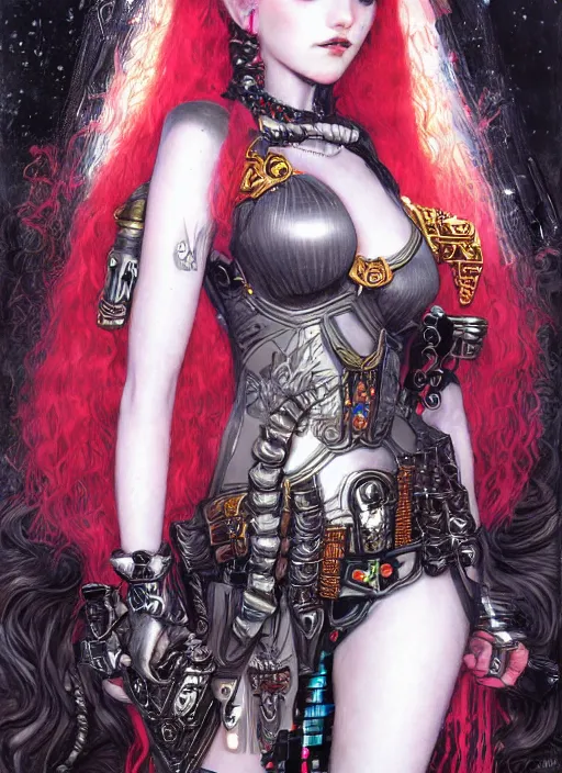 Image similar to portrait of cute beautiful young goth maiden in bikini armor, cyberpunk, Warhammer 40000, gothic, highly detailed, artstation, illustration, art by Gustav Klimt and Range Murata
