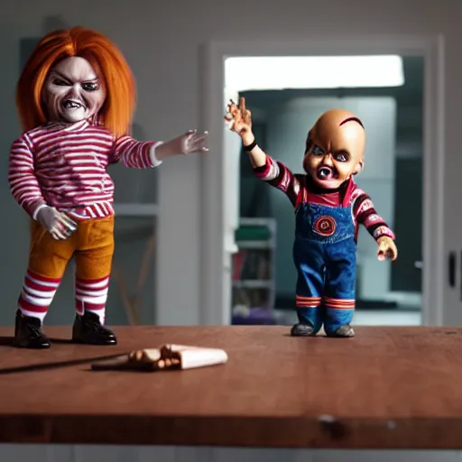 Image similar to chucky the killer doll standing on a work bench table