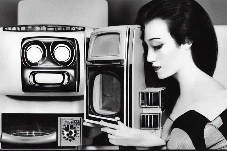 Image similar to beautiful woman robot sticking her head inside of a toy oven, from 1985, bathed in the glow of a crt television, crt screens in background, low-light photograph, in style of jun takahashi