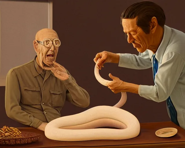 Prompt: the famous snake oil salesman Uncle Aloysius curing a patient of their bearishness, painting by Grant Wood, 3D rendering by Beeple, sketch by R. Crumb