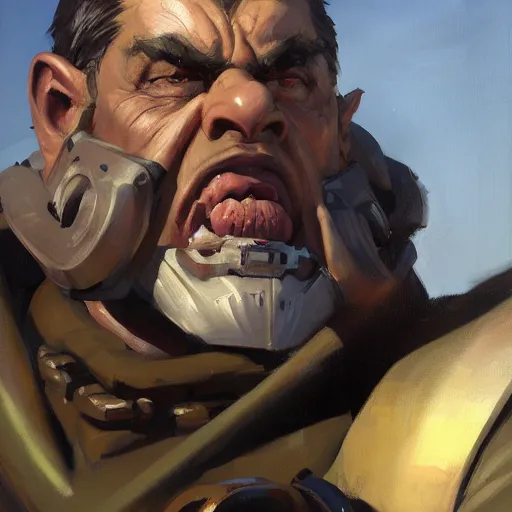 Image similar to greg manchess close - up portrait painting of a handsome older male dieselpunk orc with olive green skin as an overwatch character, medium shot, asymmetrical, profile picture, organic painting, sunny day, matte painting, bold shapes, hard edges, street art, trending on artstation, by huang guangjian and gil elvgren and sachin teng